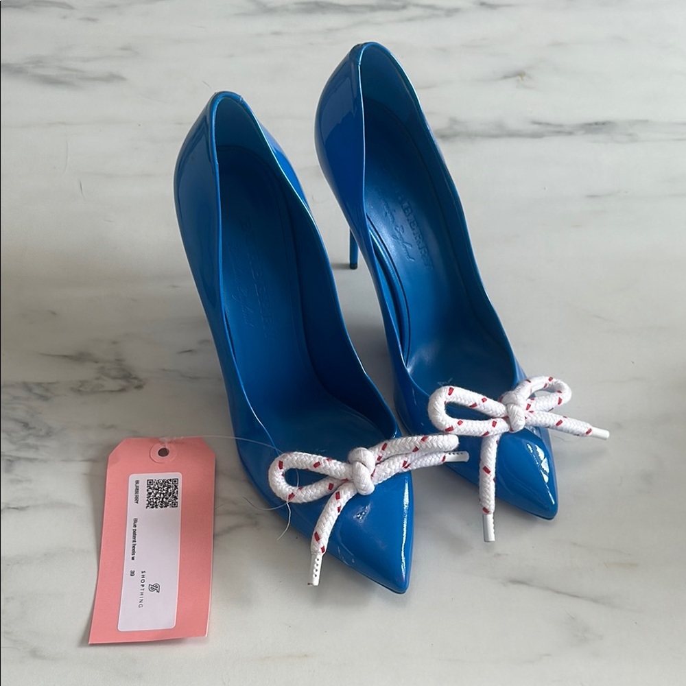 Burberry Blue Heels with White Bow